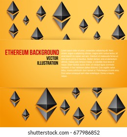 Ethereum symbol on bright orange background with space for text. Concept of ICO Blockchain and cryptocurrency. Business Vector Illustration.