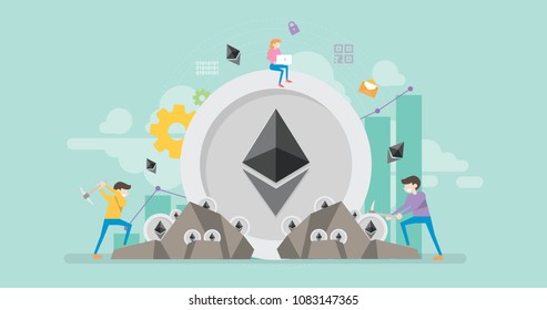 Ethereum Technology Mining Tiny People Character Concept Vector Illustration, Suitable For Wallpaper, Banner, Background, Card, Book Illustration, Web Landing Page, and Other Related Creative