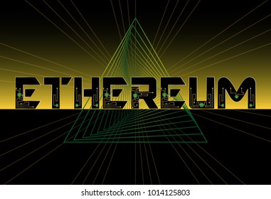 Ethereum text yellow black background with futuristic chip and lines. Vector.