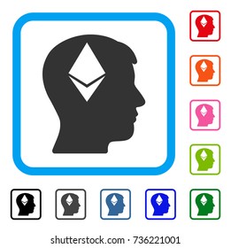 Ethereum Thinking Head icon. Flat gray iconic symbol inside a light blue rounded squared frame. Black, gray, green, blue, red, orange color versions of Ethereum Thinking Head vector.