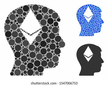 Ethereum thinking head mosaic of filled circles in various sizes and shades, based on Ethereum thinking head icon. Vector small circles are combined into blue mosaic.