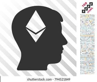 Ethereum Thinking Head pictograph with 7 hundred bonus bitcoin mining and blockchain icons. Vector illustration style is flat iconic symbols design for crypto-currency software.