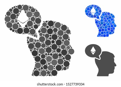 Ethereum thinking man composition of filled circles in different sizes and color tones, based on Ethereum thinking man icon. Vector filled circles are composed into blue composition.