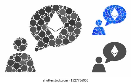 Ethereum thinking person composition of round dots in variable sizes and color tints, based on Ethereum thinking person icon. Vector round dots are grouped into blue illustration.