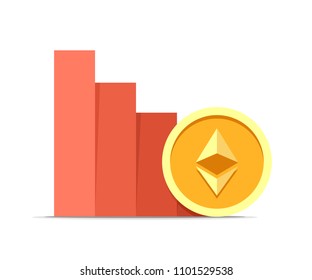 Ethereum value drop concept illustration isolated on white background. Vector flat cryptocurrency coin
