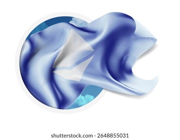 Ethereum, vector 3d flag against a blue sky, through a round hole on a white background
