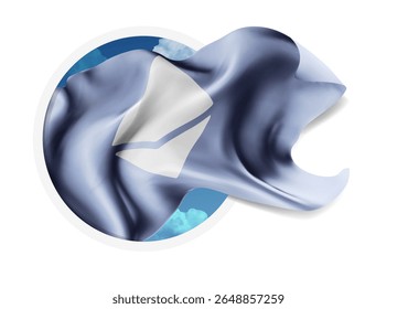 Ethereum, vector 3d flag against a blue sky, through a round hole on a white background