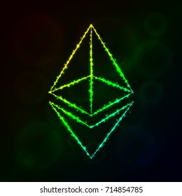 Ethereum vector icon. Ethereum symbol for your web site design, internet, graphic interface, business. Ethereum illustration, lights silhouette on dark background. Ethereum glowing lines and points.