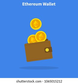 Ethereum wallet with coins, crypto currency in the wallet ,ethereum coins in the wallet, design concept. Vector illustration