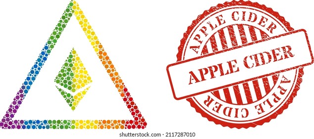 Ethereum warning collage icon of round dots in different sizes and spectrum colorful color tints. Red round grunge seal with Apple Cider message. A dotted LGBT- colored ethereum warning for lesbians,