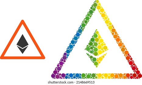 Ethereum warning mosaic icon of round dots in variable sizes and rainbow bright color hues. A dotted LGBT-colored ethereum warning for lesbians, gays, bisexuals, and transgenders.