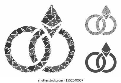 Ethereum wedding rings composition of rough elements in various sizes and color tinges, based on Ethereum wedding rings icon. Vector rough dots are grouped into collage.