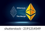 Ethereum wireframe symbol flows into golden ETH symbol on dark blue background. Ethereum ETH will merge with Beacon Chain proof of stake system PoS. Vector illustration.