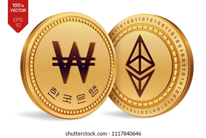 Ethereum. Won. 3D isometric Physical coins. Digital currency. Korea Won coin. Cryptocurrency. Golden coins with Ethereum and Won symbol isolated on white background. Vector illustration.