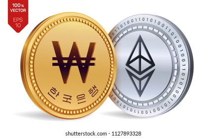 Ethereum. Won. 3D isometric Physical coins. Digital currency. Korea Won coin. Cryptocurrency. Golden and silver coins with Ethereum and Won symbol isolated on white background. Vector illustration.