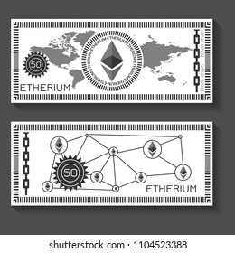 Etherium banknote template for card, game, gift, business simulation. Fake digital money. Blockchain technology. Vector illustration. Grey colors on white baackground. 