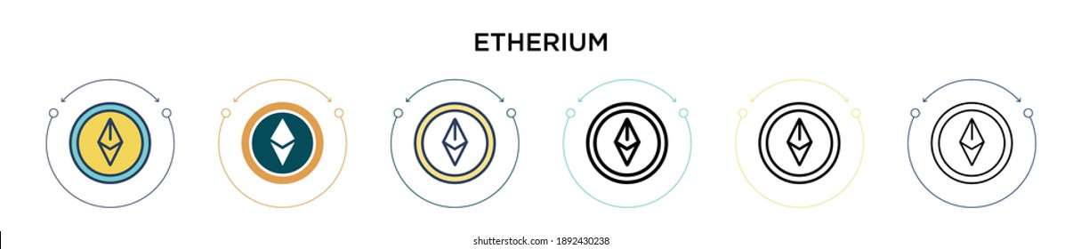 Etherium icon in filled, thin line, outline and stroke style. Vector illustration of two colored and black etherium vector icons designs can be used for mobile, ui, web