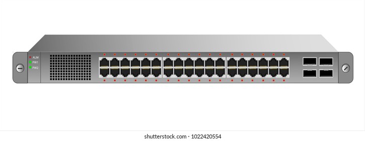 The Ethernet 1U switch for mounting with a 19-inch rack with 40 ports, including four backbones. Vector illustration.