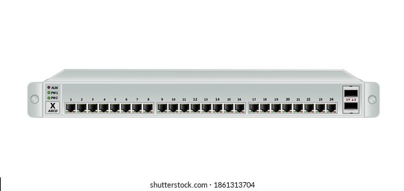 The Ethernet 1U switch for mounting with a 19-inch rack with 26 ports, including 2 backbones port. The color of the switch is light. Vector illustration.