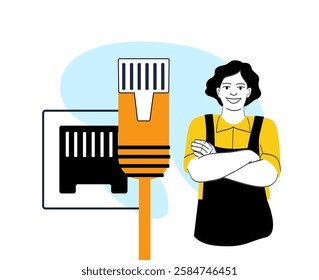 Ethernet cable near a network port with a smiling technician in work attire on a light background. Concept of internet connection and networking