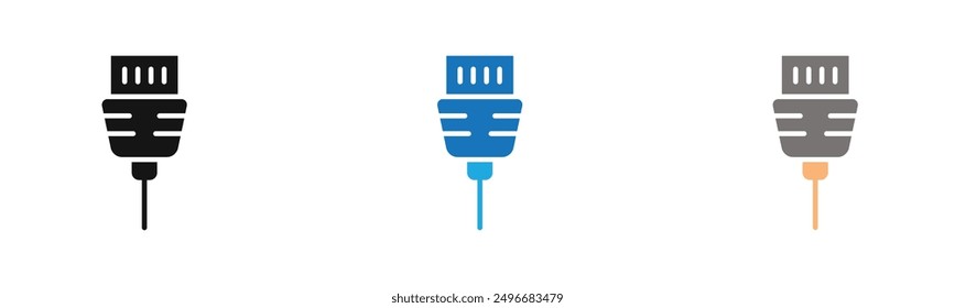 ethernet cable plug icon outline collection or set in black and white