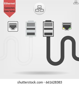 Ethernet cable and port isolated vector black and white icons, network socket icons, ethernet connector icon