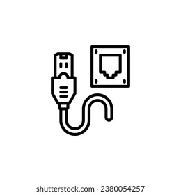 Ethernet cable and port, LAN wire cable computer outline icon. Vector illustration. The isolated icon suits the web, infographics, interfaces, and apps.