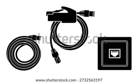 Ethernet cable with RJ45 connector and patch cord for local area network or data transmission. Line element.