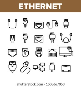 Ethernet Collection Elements Icons Set Vector Thin Line. Internet And Network Connection Cable Cord Wire Ethernet Details Concept Linear Pictograms. Monochrome Contour Illustrations