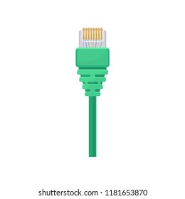 Ethernet connector with green cable. Registered jack. Item for connecting computer and data equipment. Flat vector icon