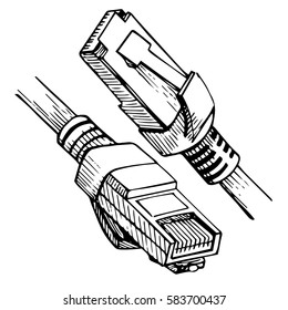 Ethernet connector RJ45. Internet cable in sketch style. Vector Illustration