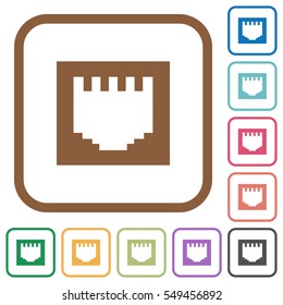 Ethernet connector simple icons in color rounded square frames on white background