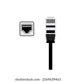 Ethernet connector and socket with kabe, internet connection tool. Vector illustration.
