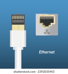 Ethernet network cable and port. Cable icon. Rj45 and UTP cable on blue background. Eps10 vector.