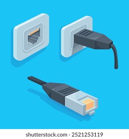 Soquete Ethernet. conector de rede de lan de dados de cabo de Internet, conector de fio soquete modular de wan para roteador wifi equipamento de conexão de rede de porta de computador de escritório, ilustração vetorial limpa arte original