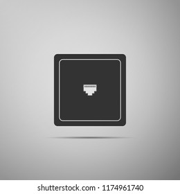 Ethernet socket sign. Network port - cable socket icon isolated on grey background. LAN port icon. Local area connector icon. Flat design. Vector Illustration