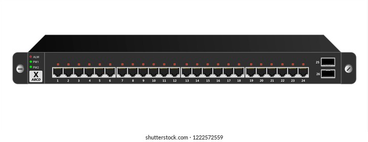 The Ethernet switch in black for mounting with a 19-inch rack with 26 ports, including two backbones. Vector illustration.