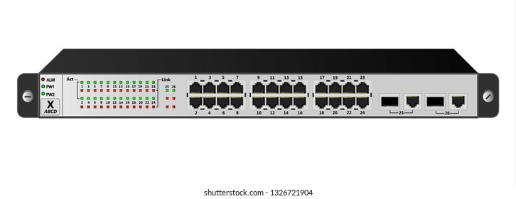 Ethernet switch for a large office or service provider with 24 client ports and two combo ports. Vector illustration.
