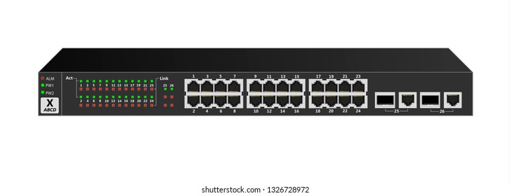 Ethernet switch for a large office or service provider with 24 client ports and two combo ports. Black colour. Vector illustration.