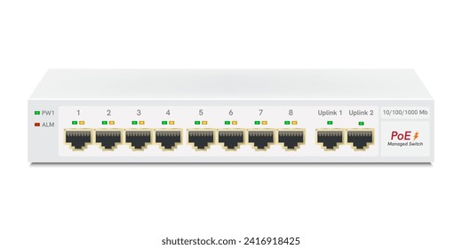 The ethernet switch for mounting with 10 ports, Gigabit Port. Network and ethernet cable with network switch. RJ45 Modular plugs for solid Cat5, Cat5e, CAT6 Ethernet Cable connecters.