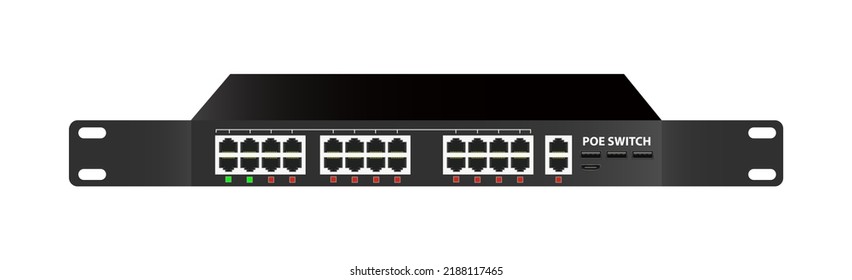 Der Ethernet-Switch für die Montage mit 24 Ports, POE Port, Gigabit Port. Netzwerkschalter. Vektorgrafik.