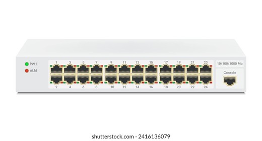 Der Ethernet-Switch für die Montage mit 24 Ports, Gigabit Port. Netzwerk- und Ethernet-Kabel mit Netzwerkschalter. RJ45 Modulare Stecker für feste Cat5-, Cat5e-, CAT6-Ethernet-Kabel-Anschlüsse. Vektorgrafik