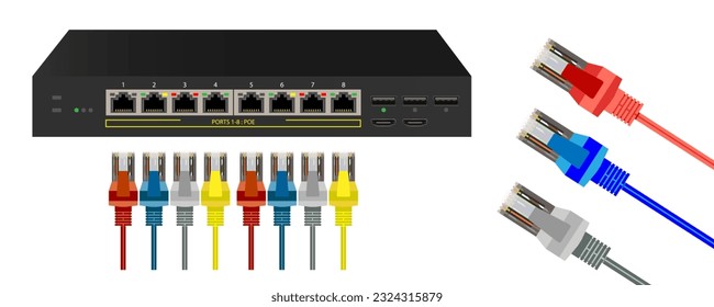 Der Ethernet-Switch für die Montage mit 8 Ports, POE Port, Gigabit Port. Netzwerk- und Ethernet-Kabel mit Netzwerkschalter. RJ45 Modulare Stecker für feste Cat5-, Cat5e-, CAT6-Ethernet-Kabel-Anschlüsse. Vektorgrafik.