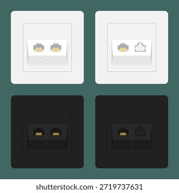Ethernet wall sockets set. RJ45 data outlets in white and black color variations. Vector illustration for networking diagrams, smart home wiring guides, ISP marketing materials, and office interior visualizations
