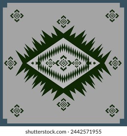 Ethic Abstract Ikat Art seamless pattern black dark green and turquoise on gray background. Designed for backgrounds, illustrations, textures, fabrics, wallpapers, flags, carpets.