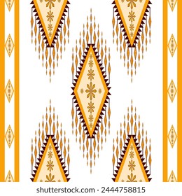 Ethic Abstract Ikat Art seamless pattern gold yellow and brown on white background. Designed for backgrounds, illustrations, textures, fabrics, wallpapers, flags, carpets.