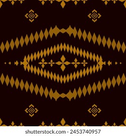 Ethisch Abstrakte Ikat Art nahtlose Muster goldene Farbe auf schwarzem Hintergrund. Entworfen für Hintergründe, Illustrationen, Texturen, Stoffe, Bildschirmhintergründe, Fahnen, Teppiche.