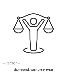 ethic balance icon, man with scale, principle justice or moral, code honesty, thin line symbol on a white background - editable stroke vector illustration eps10