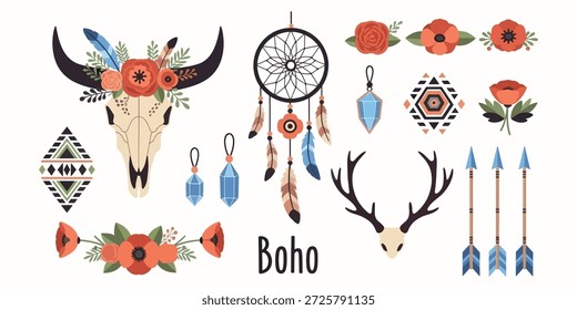 Ethic bohemian collection featuring decorated animal skulls, dreamcatchers, crystals, and arrows.