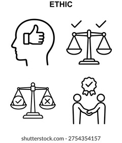 Ethic icon set with ethical mind, ethic balance scales, ethic judgment and ethical partnership in black and white vector